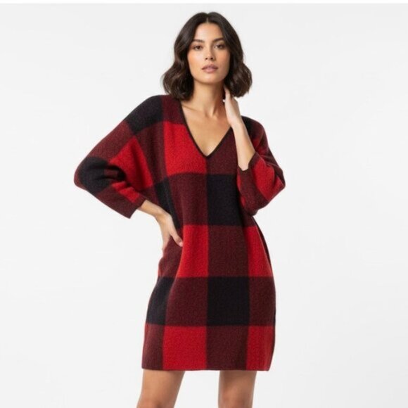 H&M Buffalo Women's Red Black Plaid Sweater Dress Size M - Picture 1 of 7